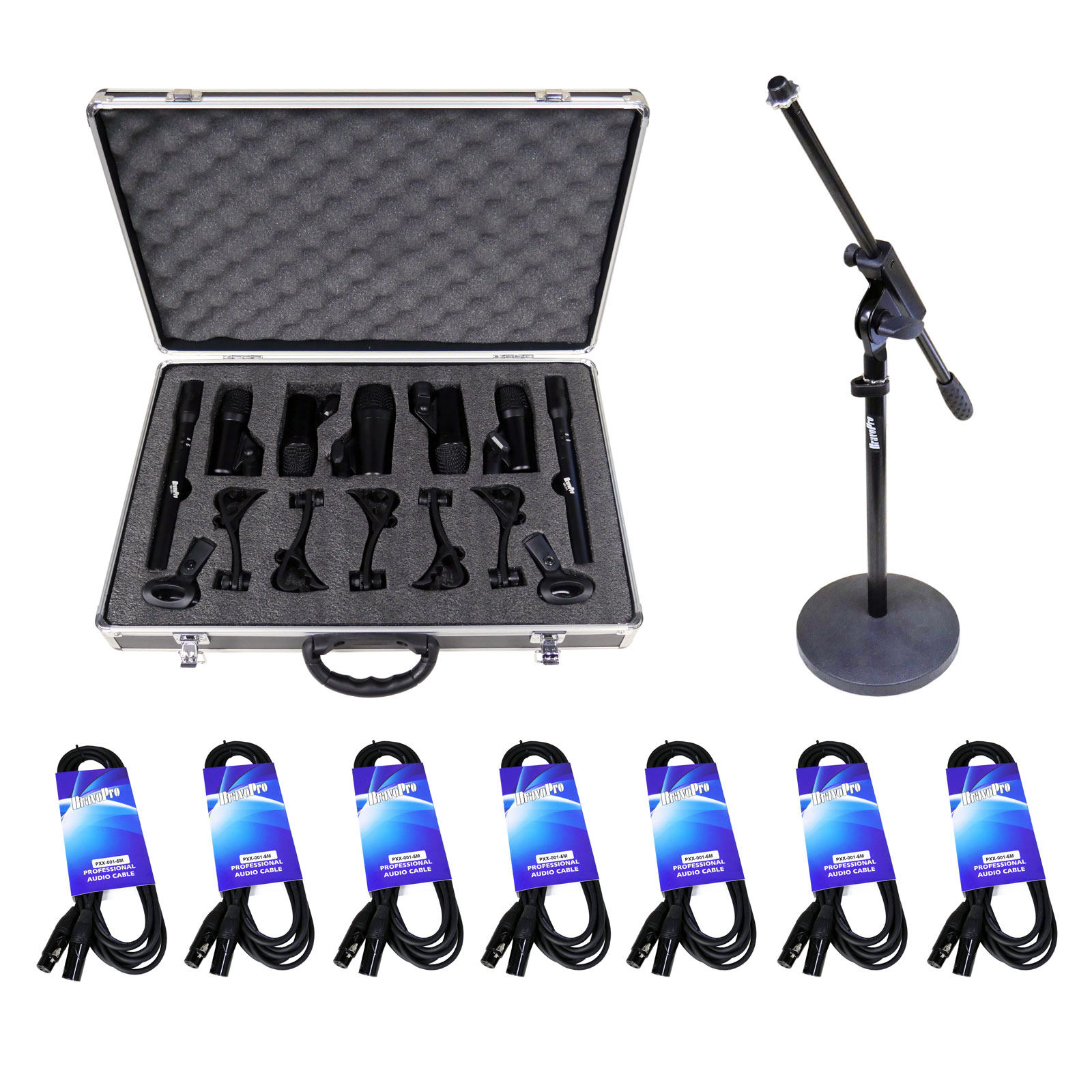 BravoPro DR771 7Piece Drum Mic. Kit with Cables & BONUS Kick Drum Stand