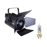Theatre Spotlight with Fresnel Lens, Barndoor, Colour Frame, Piggy-Back Plug & BravoPro Lamp