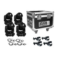 Eventec LM75PK Package - 4x Moving Head Spot Lights with Clamps & Safety Cables in Roadcase