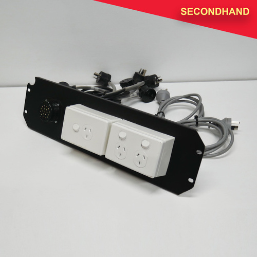 3RU Panel with Socapex Style 19-pin Socket to 6 x 240v 60cm Fly Ends with Piggy Back Plugs & GPO Power Outlets (secondhand)