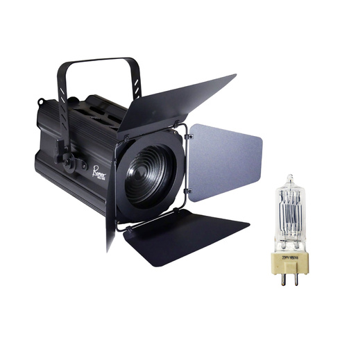 Theatre Spotlight with Fresnel Lens, Barndoor, Colour Frame, Piggy-Back Plug & BravoPro Lamp