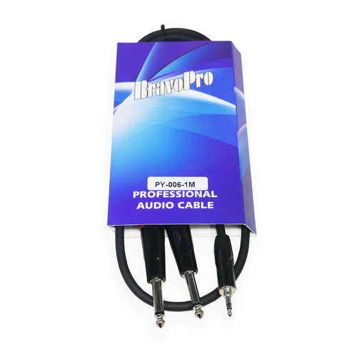 BravoPro PY006-01  1M Y Cable 3.5mm TRS Jack Plug to 2 x 6.35mm Mono [TS] Jack Plugs