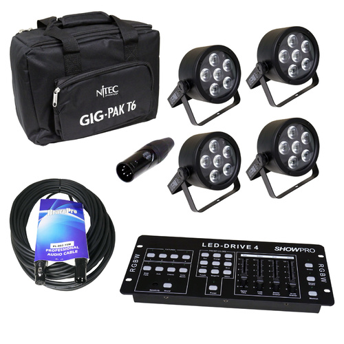 Nitec Tri-6 pack, 4 x RGB Tri-color 6 LED Pars with Drive 4 DMX LED Controller