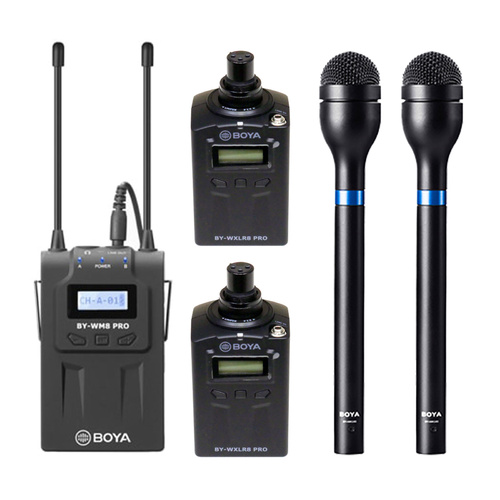 Boya WM8 PRO UHF Wireless System with 2 x Plug-On Transmitters and 2 x Reporters Microphones