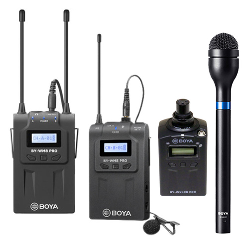 Boya WM8 PRO UHF Wireless System with Plug-On & Beltpack Transmitters and Reporters Mic.
