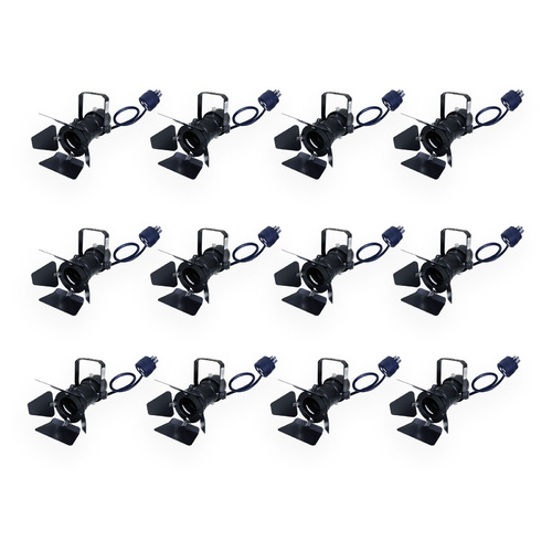 Set of 12 x BravoPro Par-16 Birdie+ LED Par Can with Barndoors and Piggy Back Plug - Black