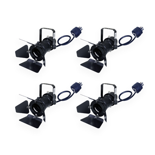 Set of 4 x BravoPro Par-16 Birdie+ LED Par Can with Barndoors and Piggy Back Plug - Black