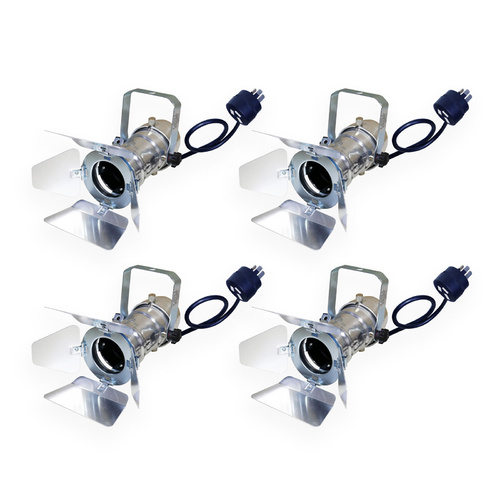 Set of 4 x BravoPro Par-16 Birdie+ LED Par Can with Barndoors and Piggy Back Plug - Silver